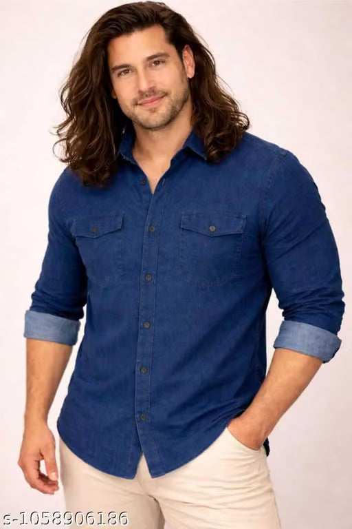 Denim Plain Blue Double Pocket Shirt For Men