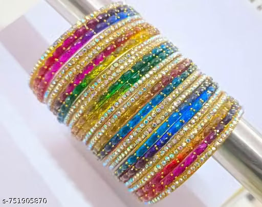 Glass Bangles with Zircon Gemstone & Bead Detailing - Glossy Finish Chudi Set for Women & Girls