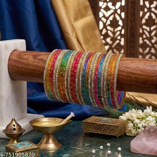 Glass Bangles with Zircon Gemstone & Bead Detailing - Glossy Finish Chudi Set for Women & Girls