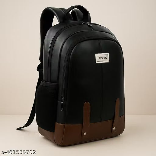 Size: M (15-30L) Zerus Black PU Leather Laptop Backpack 15.6” Office College Travel Bag for Men & Women