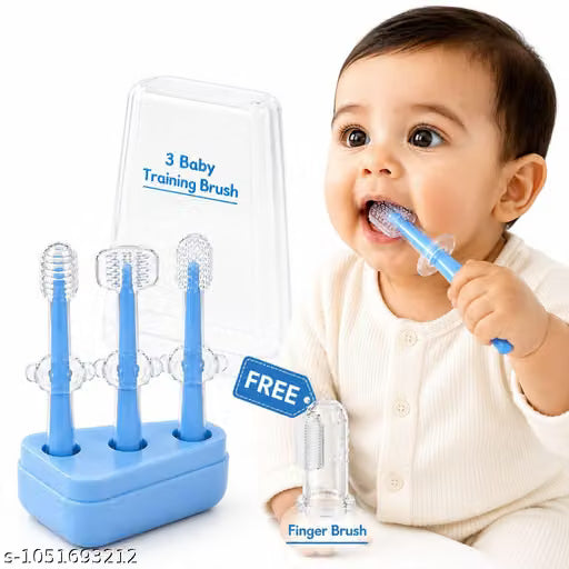 3-Piece Baby Training Toothbrush Set with soft silicone bristles, safety shield, and hygienic storage stand.
