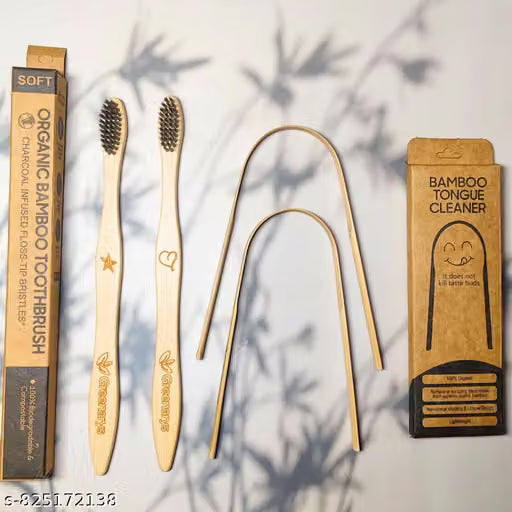 Bamboo Toothbrush & Bamboo Tongue Cleaner Combo | Eco-Friendly Oral Care Set | Natural Wooden Toothbrush with Tongue Scraper | Biodegradable & Plastic-Free