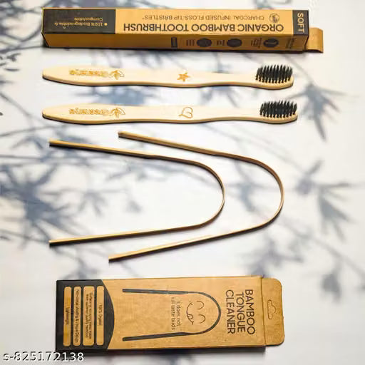 Bamboo Toothbrush & Bamboo Tongue Cleaner Combo | Eco-Friendly Oral Care Set | Natural Wooden Toothbrush with Tongue Scraper | Biodegradable & Plastic-Free