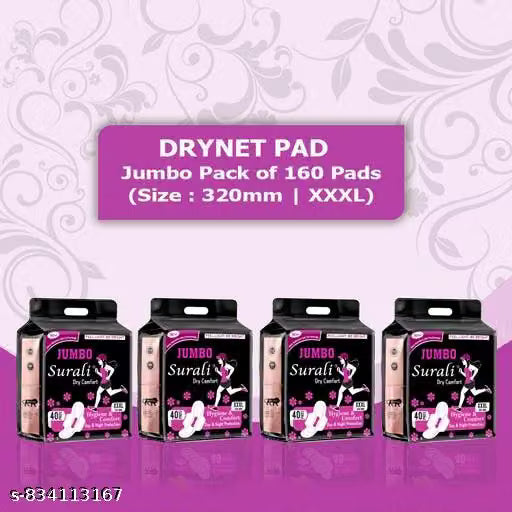 DryNet Womens Sanitary Pads with wings Extra Anti Bacterial Soft Comfortable Sanitary Napkins Pads for Day & Night Protection Pack Of 4 XXXL (160 Pads )