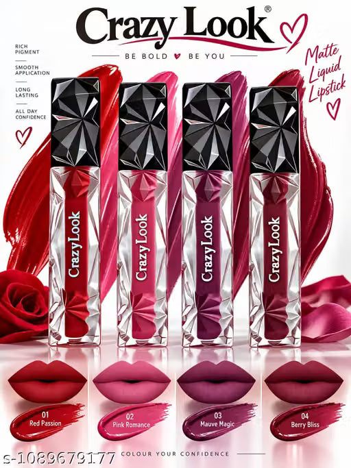 Crazy Look Diamond Forever Matte Lipsticks 4 pcs Set (Large Size Lipsticks Red)
