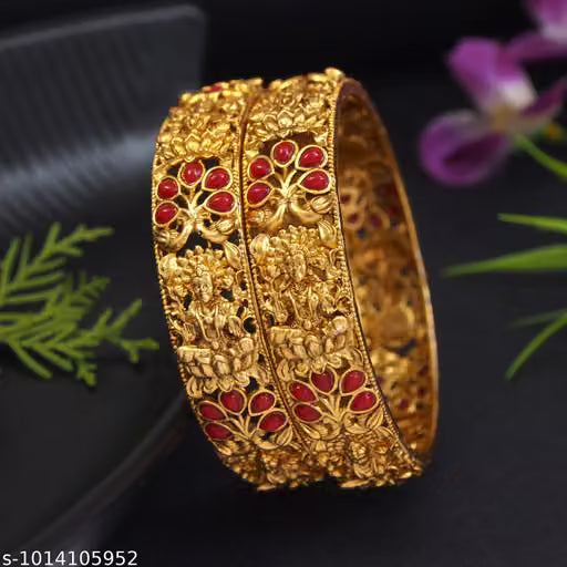Jewwel Antique Gold Plated Lakshmi Temple Design Ruby Mungo Stone Bangles for Women & Girls