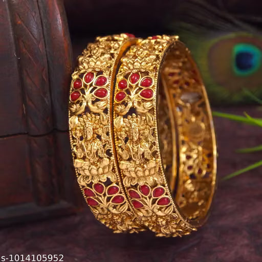 Jewwel Antique Gold Plated Lakshmi Temple Design Ruby Mungo Stone Bangles for Women & Girls