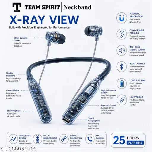 TEAM SPIRIT STUDIO Wireless Bluetooth Neckband, Bluetooth 5.1 Earphones with Magnetic Earbuds, Rich Bass Stereo Sound & 25 Hours Playtime