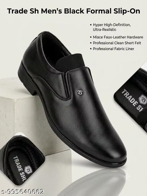 Premium Footwear: A pair of sleek, black formal slip-on shoes featuring a