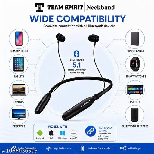 TEAM SPIRIT STUDIO Wireless Bluetooth Neckband, Bluetooth 5.1 Earphones with Magnetic Earbuds, Rich Bass Stereo Sound & 25 Hours Playtime