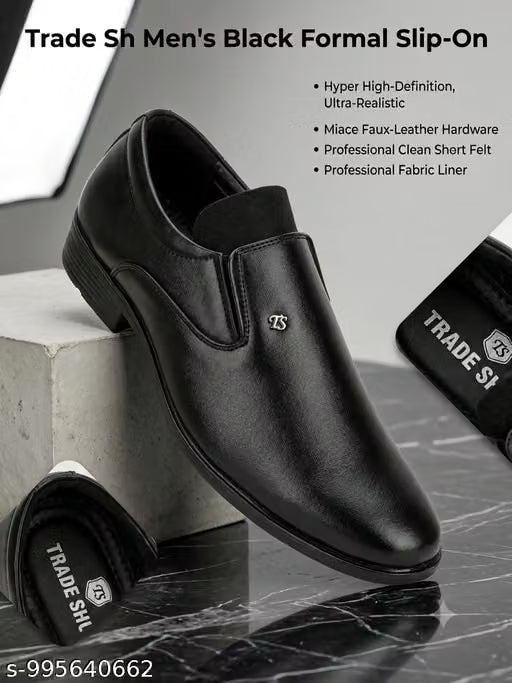 Premium Footwear: A pair of sleek, black formal slip-on shoes featuring a
