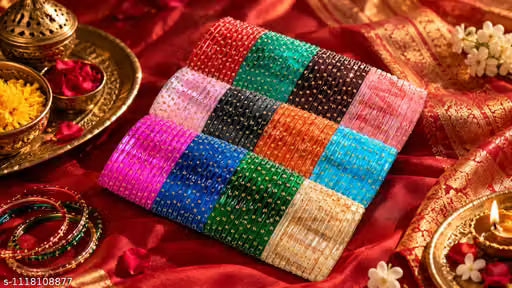 ONFLOW Premium Firozabad Glass Bangles Set - 120 Pcs (12 Colors) Multi-Color Traditional Golden Dotted Chudiya for Women & Girls