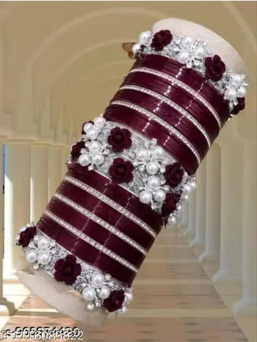 Premium maroon Wedding Chura with Pearl & Rose Design