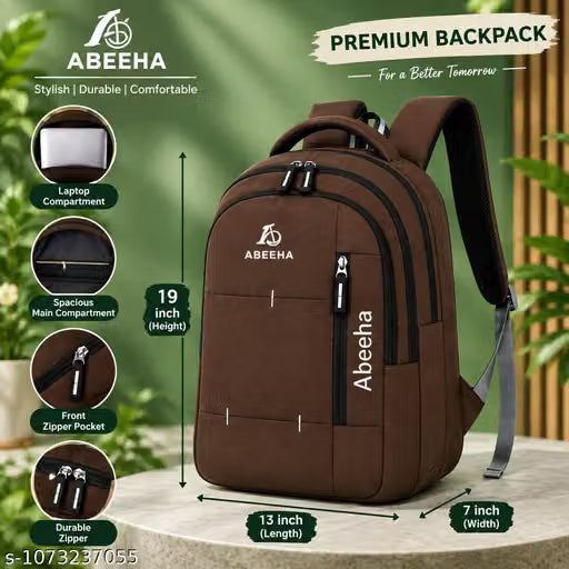 Abeeha Laptop Backpack School backpack college backpack travel backpack | 15.6 Inch Water Resistant Laptop Bag for Men & Women | Spacious Multi-Compartment College, Office & Travel Backpack | Stylish Daily Use Bag | 19 × 13 × 7 Inch
