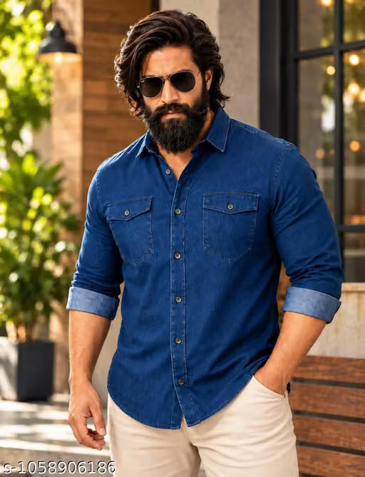 Denim Plain Blue Double Pocket Shirt For Men