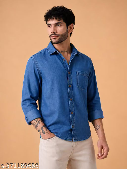 Denim Plain Single pocket shirt for men