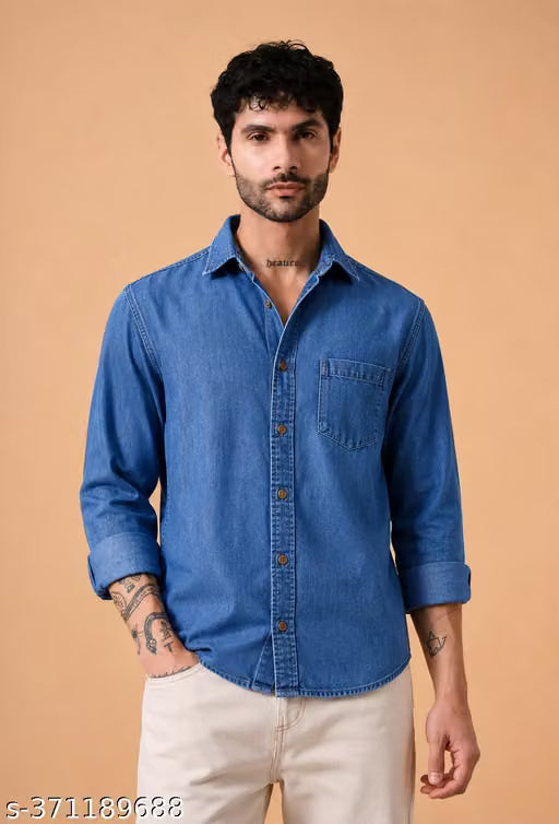 Denim Plain Single pocket shirt for men