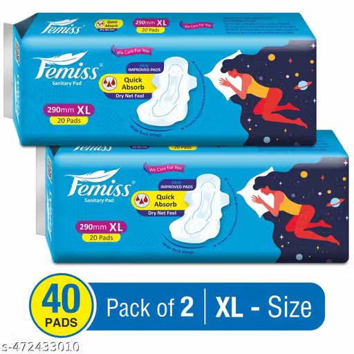 Femiss Soft & Rash Free Sanitary Pads for Women and Girls | Quick Absorption | Heavy Flow Champion | Leakage-Proof | Skin Friendly Straight pads ( XL-Size, 290 MM, 40 PCS)