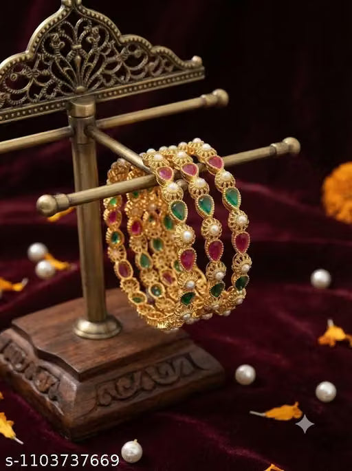 Gold-Plated Traditional Pearl and Multi-Color Stone Bangle Set of 4