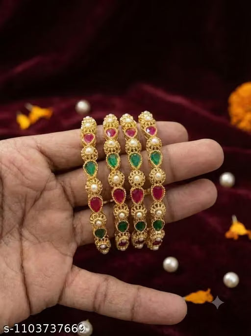 Gold-Plated Traditional Pearl and Multi-Color Stone Bangle Set of 4