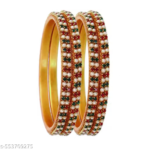 Traditional Red Green Stone Studded Pearl Bangles for Women – Set of 4