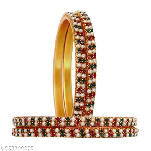 Traditional Red Green Stone Studded Pearl Bangles for Women – Set of 4