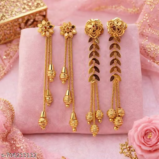02 Pair Combo Gold Plated Sui Dhaga Earrings for Girls & Women | 02 Design Trending Long Earrings |Artificial Gold Jewellery
