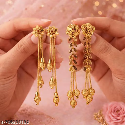 02 Pair Combo Gold Plated Sui Dhaga Earrings for Girls & Women | 02 Design Trending Long Earrings |Artificial Gold Jewellery