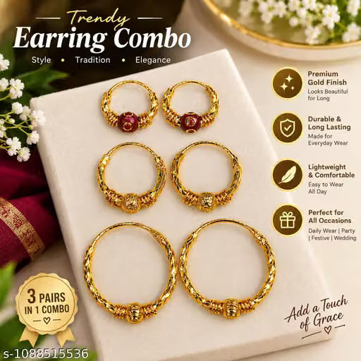 Elegant Gold Bali Earrings Combo – Stylish traditional hoop earrings perfect for daily wear, festive looks & special occasions. #BaliEarrings #GoldEarrings #JewelleryCombo