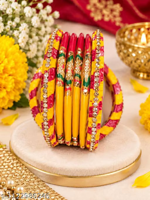 Women's Ethnic Red & Yellow Bangle Set with Designer Rhinestone Kadas | Indian Traditional Bridal Glass Bangles Chooda Set for Weddings & Festivals(pack of 12 pcs)
