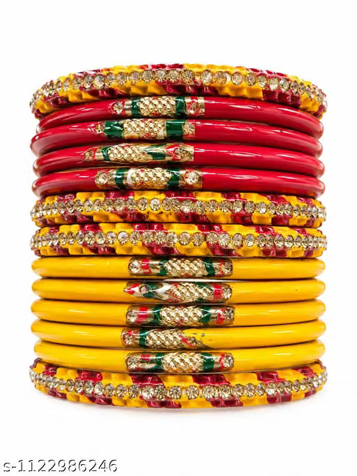 Women's Ethnic Red & Yellow Bangle Set with Designer Rhinestone Kadas | Indian Traditional Bridal Glass Bangles Chooda Set for Weddings & Festivals(pack of 12 pcs)